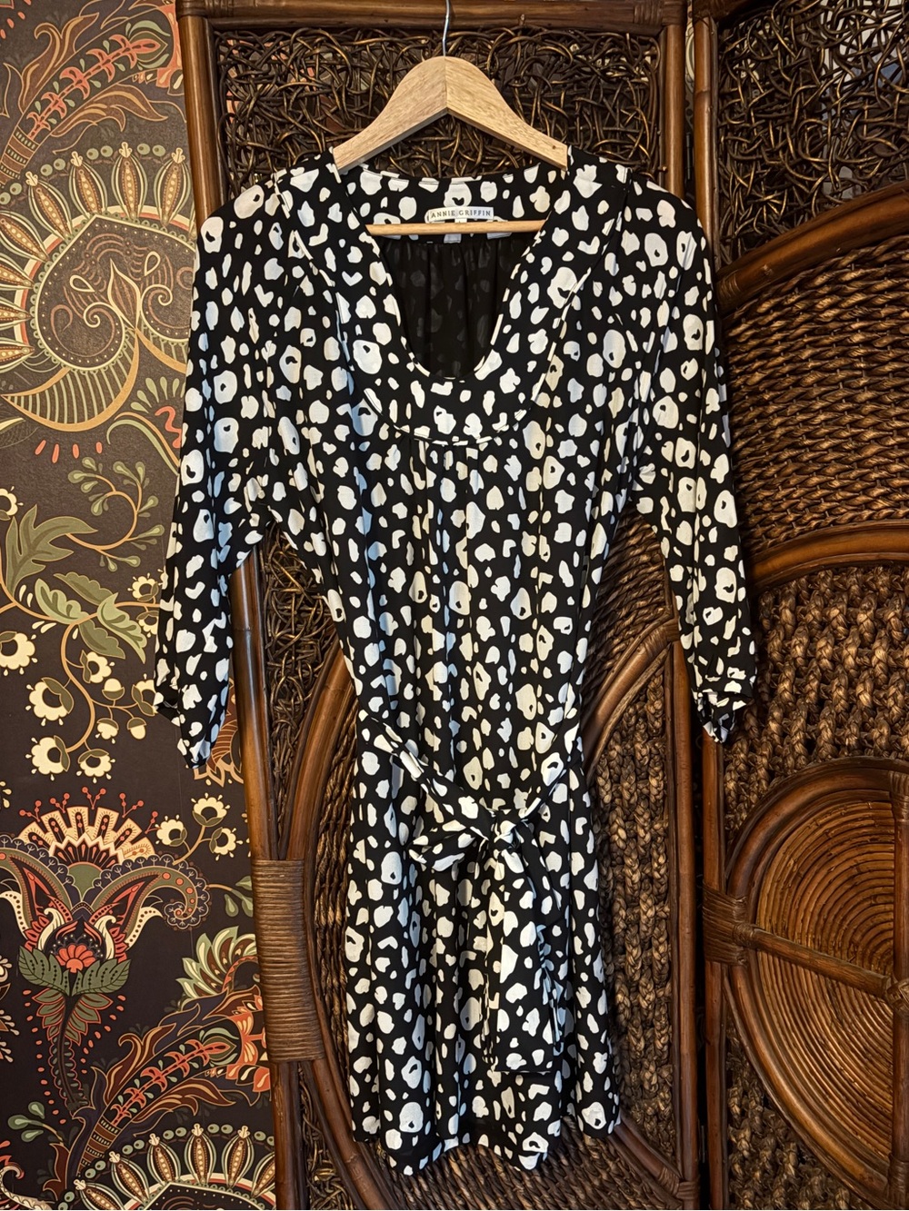 Annie Griffin Black White Abstract Animal Print Tie Waist Dress Size L